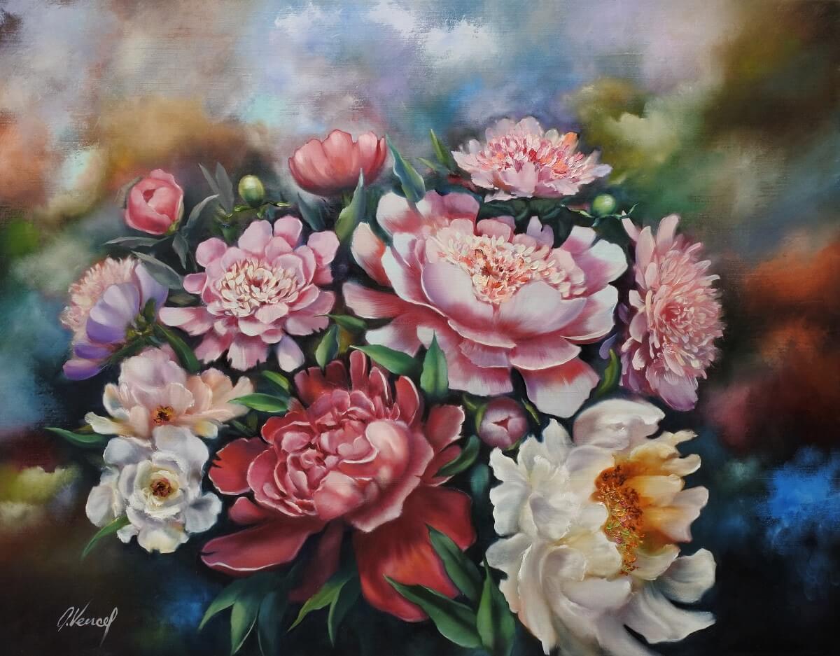 Malované obrazy-Pivoňky-Květiny-Olej-Attila Vencel