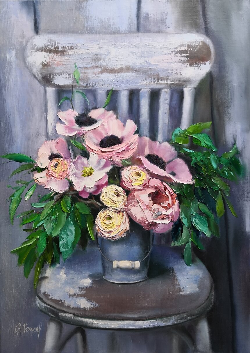Malovaný obraz-Květiny na židli-Olej-Attila Vencel