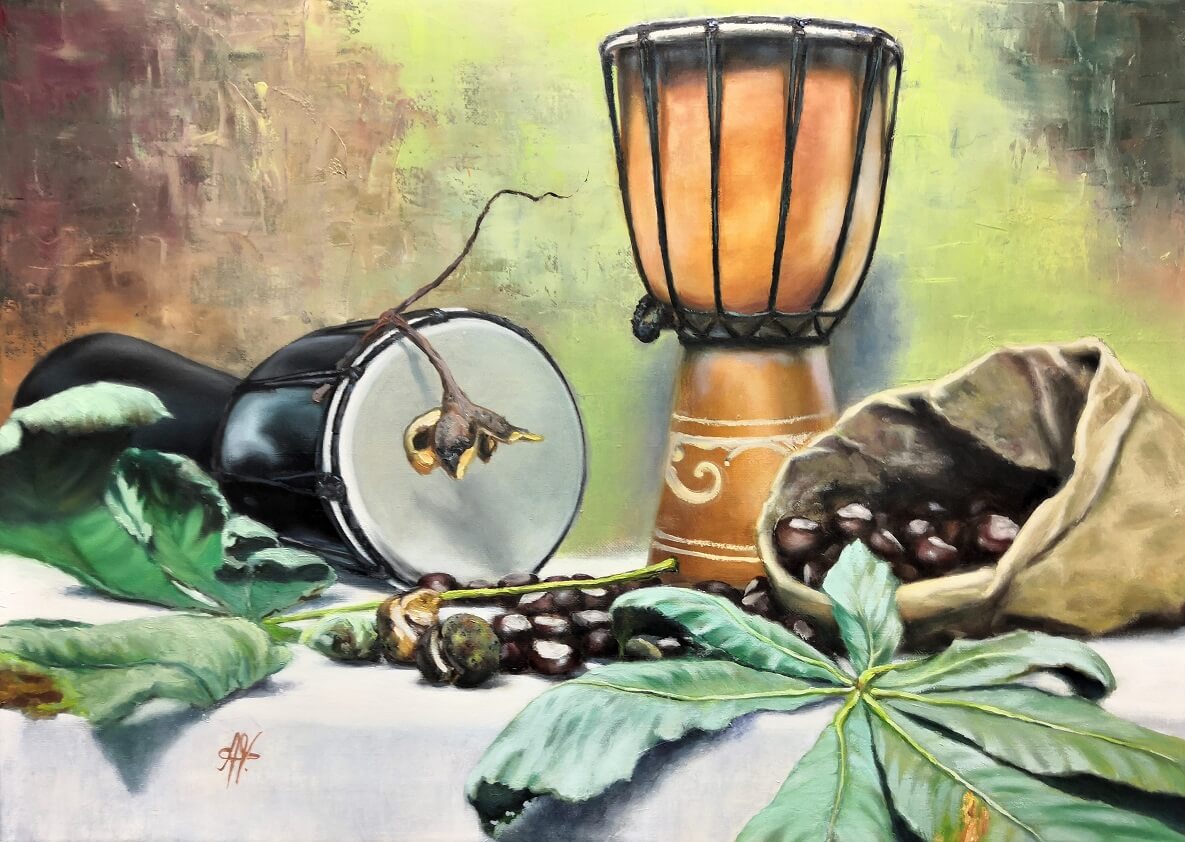 Bubínky s kaštany-Olejomalba na plátně
